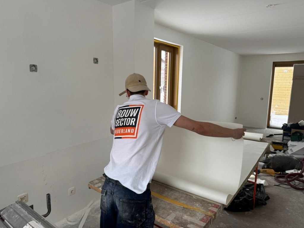 Vakman van Bouwsector Nederland zet een baan renovlies op de wand van een nieuwbouwwoning